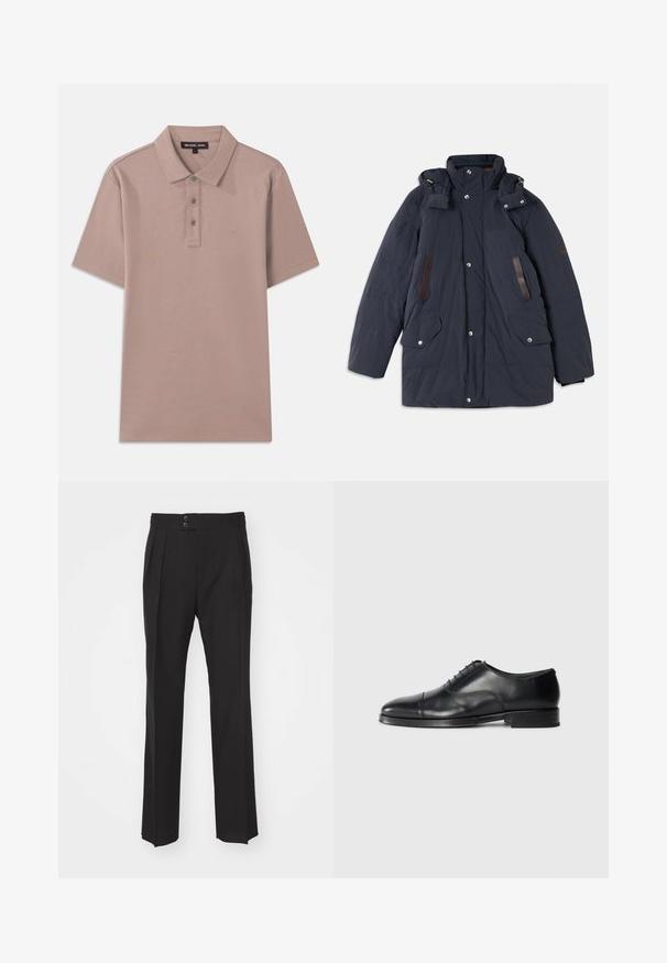 Jachetă parka căptușită de culoare bleumarin, cu guler înalt, glugă detașabilă, accente din piele, două buzunare frontale și închidere cu butoane tip clapetă.; Tricou polo din material bej deschis, cu mâneci scurte, cu închidere cu trei nasturi și logo-ul brodat "MK" pe piept. Textură netedă.; Pantaloni negri din stofă ajustată cu un design drept, două buzunare frontale și închidere cu două butoane la talie. Textură de țesătură fină.; Pantofii din piele neagră, cu vârful rotund, textură netedă, design cu șireturi și un detaliu subtil de cusătură, având un toc jos și plat.