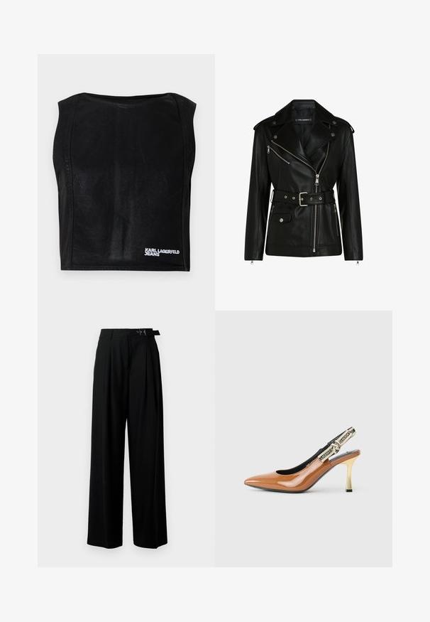 Crna kožna jakna za motocikl s pojasom u struku, srebrnim patentnim zatvaračima i dugmadima za snap, s asimetričnim zatvaračem i podstavom od kvadratnih šavova.; Crni kratki top bez rukava s izrezom u obliku brodske kragne i bijelim logotipom "KARL LAGERFELD JEANS" na donjem desnom dijelu.; Crne široke hlače s visokim strukom, nabranima sprijeda i remenom s kopčom. Izrađene od glatkog, laganog materijala.; Smeđi lakirani slingback salonke, šiljastog vrha, tanke zlatne pete, crnog unutrašnjeg dela, platneni remen s logotipom na leđima.
