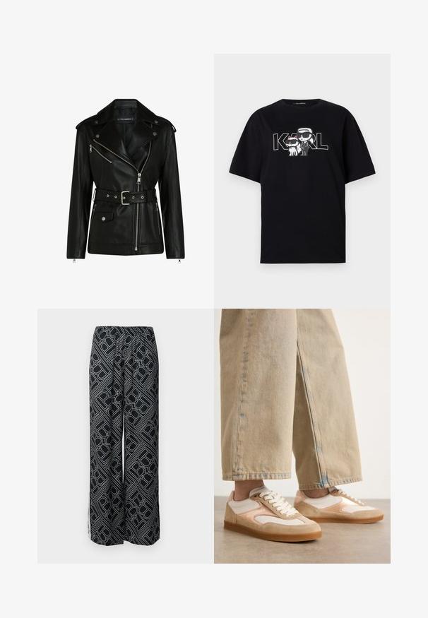 Črna usnjena motoristična jakna z pasom, srebrnimi zadrgami in gumbi na ježka, s asimetrično zadrgo in pikastim oblazinjenjem.; Črna bombažna majica s grafikonom dveh risanih figur v sončnih očalih, ob spremljavi besedila "KARL" v poglobljenih črkah.; Široke hlače iz črne tkanine s belim geometrijskim vzorcem. Elastičen pas, tekoč dizajn in bočni razporki.; Peščene in smetane superge z dizajnom iz semiša in mrežice, ki vključujejo vezalni sistem in gumijaste podplate, v kombinaciji s peščenimi širokimi hlačami.