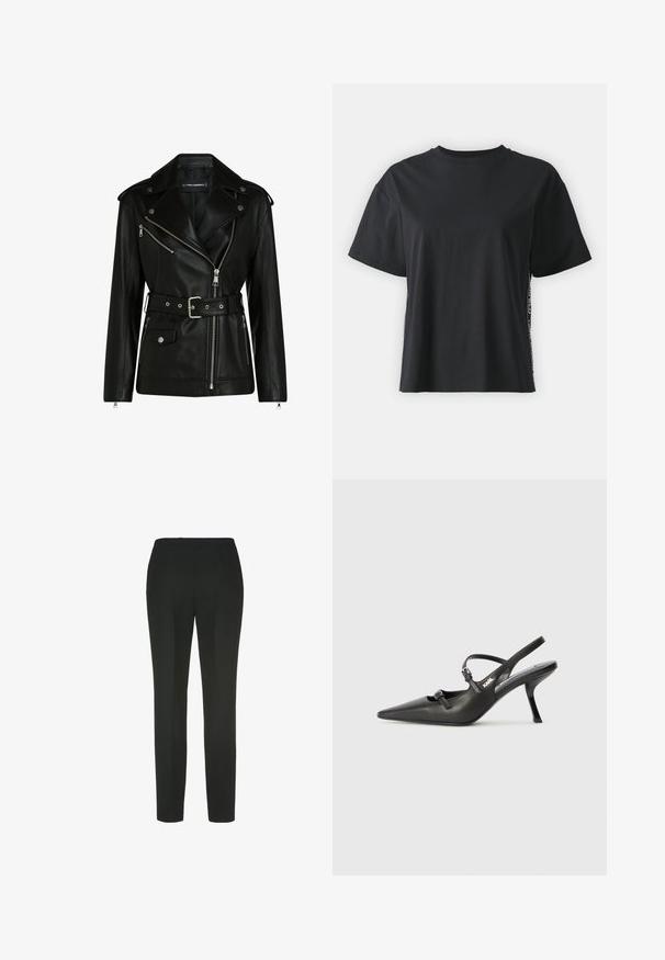 Czarna skórzana kurtka motocyklowa z paskiem w talii, srebrnymi zamkami błyskawicznymi i zatrzaskami, z ukośnym zapięciem i pikowaną podszewką.; Czarna bawełniana koszulka z krótkim rękawem o luźnym kroju, z kontrastującym bocznym panelem, zawierającym mały tekst i detale wzornicze.; Luisa Spagnoli OTRE czarny; Czarne skórzane sandały na obcasie typu slingback z wydłużonym noskiem, smukłym obcasem i ozdobnym zapięciem na cholewce. Gładka tekstura i elegancka forma.
