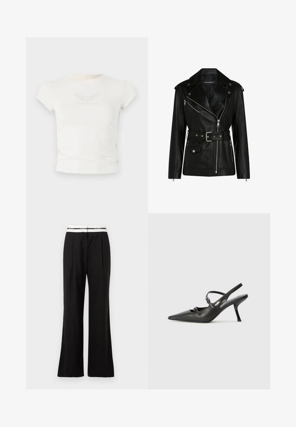Czarna skórzana kurtka motocyklowa z paskiem w talii, srebrnymi zamkami błyskawicznymi i zatrzaskami, z ukośnym zapięciem i pikowaną podszewką.; Biała dopasowana koszulka z krótkimi rękawami, z teksturowanym logo "Guess Originals" z skrzydłami na piersi. Wykonana z miękkiego materiału.; Czarne spodnie o luźnym kroju, z białym elastycznym paskiem w talii z brandingiem. Wykonane z gładkiego materiału o delikatnym połysku.; Czarne skórzane sandały na obcasie typu slingback z wydłużonym noskiem, smukłym obcasem i ozdobnym zapięciem na cholewce. Gładka tekstura i elegancka forma.
