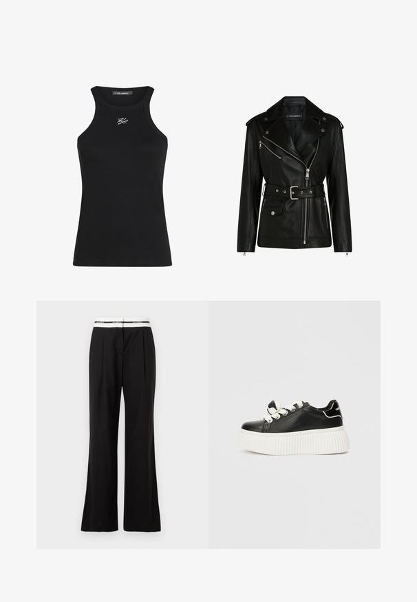 Svart lädermotorcykeljacka med bälte i midjan, silvriga dragkedjor och tryckknappar, med en asymmetrisk dragkedja och vadderad foder.; Svart ribbat linne med rund halsringning och smala axelband. Har en liten vit logotyp på bröstet.; Svarta byxor med avslappnad passform, med en vit elastisk midja med varumärkeslogga. Tillverkade av ett mjukt tyg med en lätt lyster.; Svart lädersneaker med en tjock vit ribbad sula, som har vita skosnören och en dekorativ rosett på tungan.