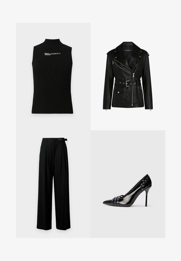 Črna usnjena motoristična jakna z pasom, srebrnimi zadrgami in gumbi na ježka, s asimetrično zadrgo in pikastim oblazinjenjem.; Črna brezrokavnik iz rebrastega pletenega blaga z visokim ovratnikom in belim napisom "Karl Lagerfeld Jeans" na zgornjem delu prsnega koša.; Črne široke hlače z visokim pasom, gubami spredaj in pasom z zaponko. Narejene so iz gladkega, lahkega materiala.; Črne patentirane usnjene stiletto pete z izostrenim nosom, tremi dekorativnimi pasovi s studenci in blagovno znamko "Karl Lagerfeld" na peti.