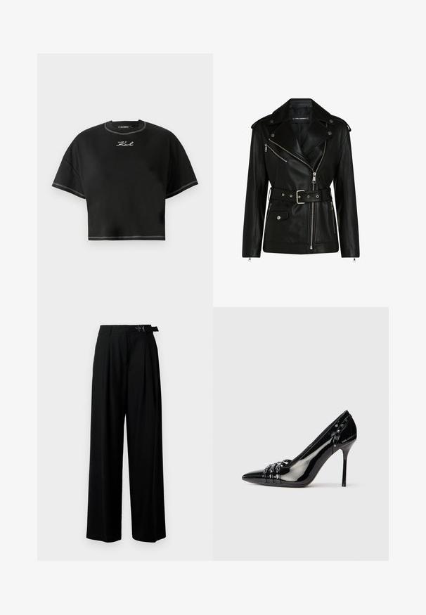 Čierna kožená motorkárska bunda s opaskom v páse, striebornými zipsami a cvokmi, s asymetrickým zipsom a prešívanou podšívkou.; Čierne skrátené tričko vyrobené z mäkkej látky. Má okrúhly výstrih, voľné krátke rukávy a biele kontrastné švy. Na prednej strane je vyšívané logo.; Čierne široké nohavice s vysokým pásom, skladmi vpredu a opaskom s prackou. Vyrobené z hladkej, ľahkej textílie.; Čierne lakované lodičky na ihlovom opätku so špicatou špičkou, tromi dekoratívnymi pruhmi s cvočkami a značkou "Karl Lagerfeld" na opätku.