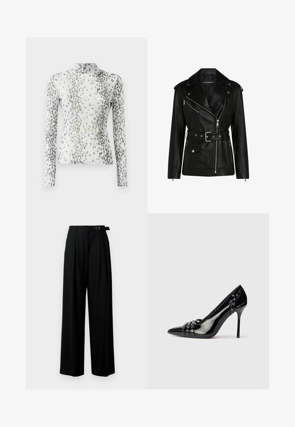 Černá kožená motocyklová bunda s páskem v pase, stříbrnými zipy a patentkami, s asymetrickým zipem a prošívanou podšívkou.; Halenka s dlouhým rukávem a vysokým výstřihem, vyrobena z bílé látky zdobené šedým a černým tečkovaným vzorem.; Černé široké kalhoty s vysokým pasem, záhyby vpředu a páskem s přezkou. Vyrobené z hladké, lehké tkaniny.; Černý lakovaný kožený střevíček na vysokém podpatku se špičatou špičkou, třemi dekorativními pásky se hroty a značkou "Karl Lagerfeld" na podpatku.