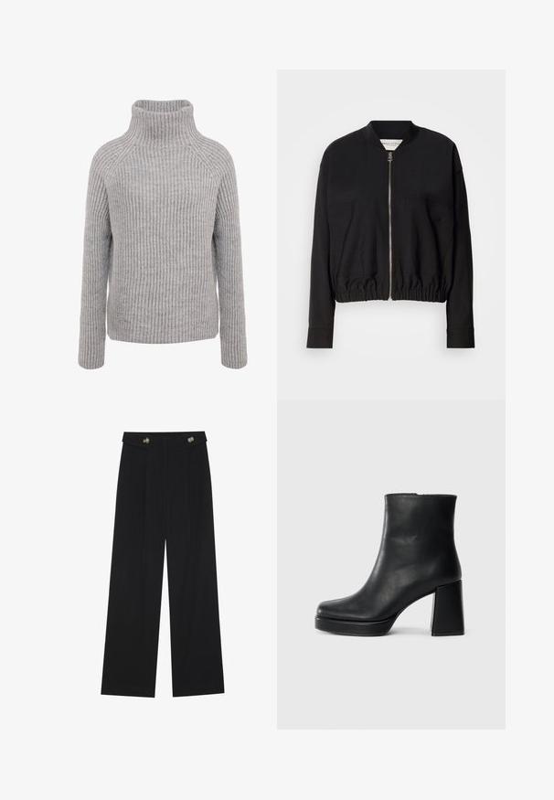 Black bomber jacket with a zipper closure, two front pockets, and a gathered hem. Features long sleeves and a lightweight fabric.; Light grey knitted sweater with a high neck, ribbed texture, and long sleeves, featuring raglan shoulder seams for a relaxed fit.; Black wide-leg trousers with high waist, button details on waistband, and front pleats.; Black leather ankle boot with a block heel and platform sole, viewed from the side on a plain white background.