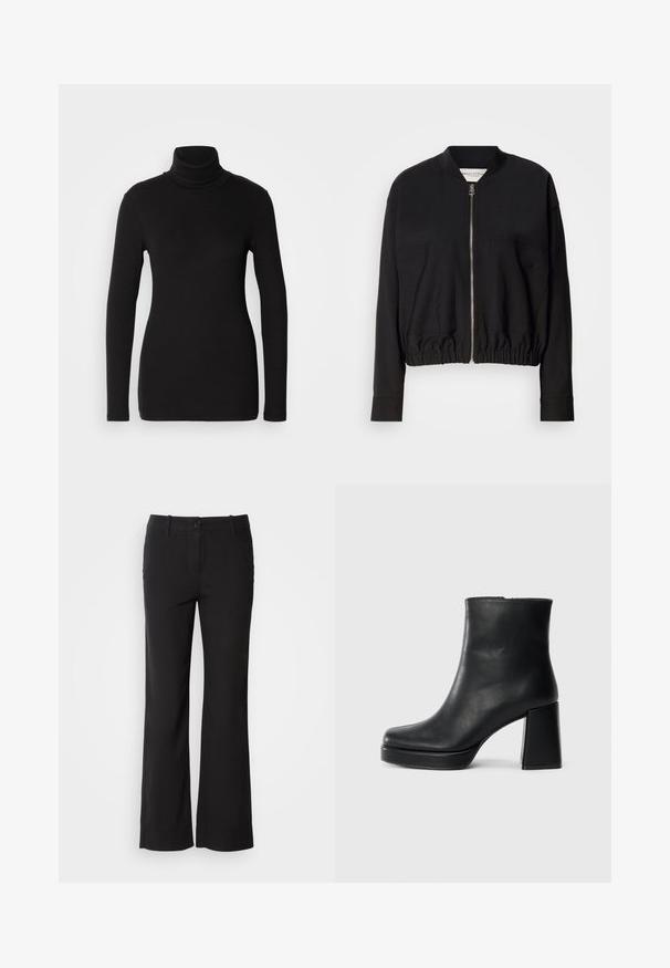 Schwarze Bomberjacke mit Reißverschluss, zwei frontalen Taschen und einem gerafften Saum. Mit langen Ärmeln und einem leichten Stoff.; Marc O'Polo TURTLE NECK - Langarmshirt - black; Schwarze Baumwollmischungshose mit geradem Bein, vorderem Knopfverschluss und zwei Seitentaschen. Glatte Textur, keine sichtbaren Muster.; Schwarze Leder-Stiefelette mit Blockabsatz und Plattformsohle, seitlich auf einem schlichten weißen Hintergrund betrachtet.