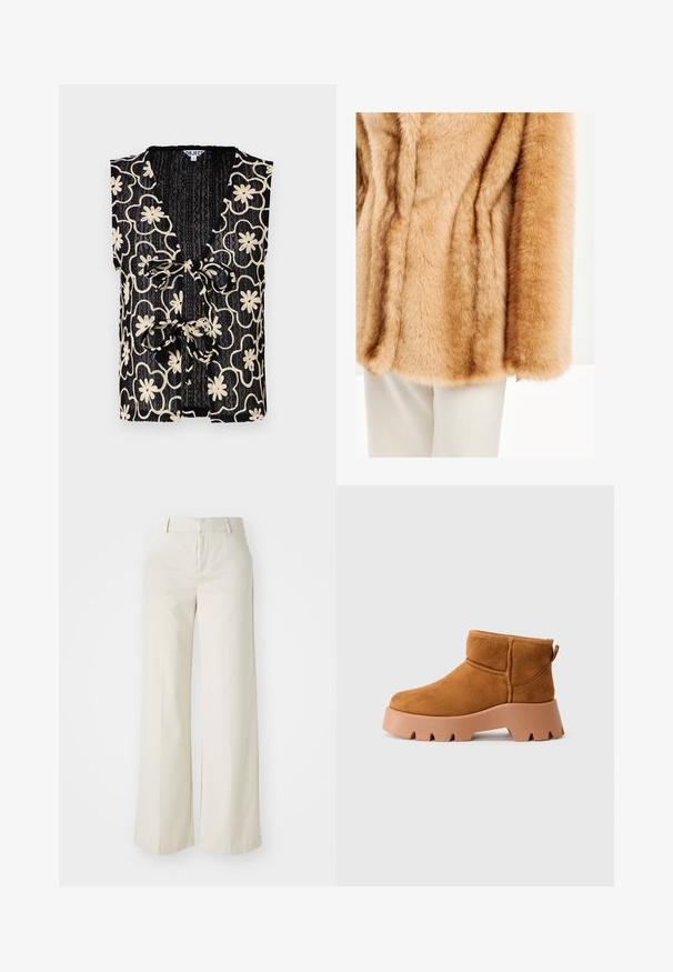 Beige Kunstfellmantel mit einer weichen, flauschigen Textur. Verfügt über weite Ärmel und ein glattes Finish, kombiniert mit weißen Hosen im Hintergrund.; Schwarzes ärmelloses Top mit V-Ausschnitt, das ein kreisendes Blumenmuster in Creme zeigt und einen gebundenen Frontverschluss hat. Strukturiertes Gewebe mit geripptem Aussehen.; Weite Hosen in einem hellbeigen Farbton, aus einem glatten Stoff gefertigt. Mit einem klassischen Bund und flachem Vorderteil, das klare Linien zeigt.; Helle Wildlederstiefeletten mit runder Spitze, einer strukturierten braunen Sohle und einer Zuglasche. Mit einer gesteppten Naht und einem klobigen Plateaudesign.