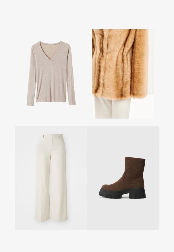 Beige nepbontjas met een zachte, pluffy textuur. Beschikt over brede mouwen en een gladde afwerking, gecombineerd met witte broeken op de achtergrond.; Langsleeve, V-hals top in lichtbeige. Gemaakt van zachte, gestructureerde stof met een relaxte pasvorm en minimale stikdetails.; Brede broek in een lichte beige kleur, gemaakt van een gladde stof. Kenmerkt zich door een klassieke tailleband en een vlakke voorkant met strakke lijnen.; Bruine suède enkellaarzen met een gestructureerde afwerking, ronde neus en een chunky zwarte rubberen zool met een loopvlakpatroon.