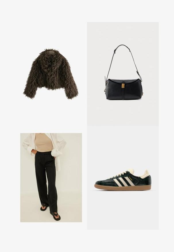 Hnedá kožušinová skrátená bunda s širokým golierom a dlhými rukávmi, s chlpovitým textúrou a neštruktúrovaným dizajnom.; Šedý, rebrovaný sveter z pleteniny s vysokým golierom, spustenými ramenami a objemnými rukávmi. Mäkká textúra a skrátená dĺžka.; Čierne vysoké nohavice so širokými nohavicami, vyrobené z ľahkej tkaniny, s prednými plisovaniami a hladkou textúrou. Skombinované s jednoduchými čiernymi šlapkami.; adidas Originals SAMBA OG - Tenisky - cream white/collegiate green; Čierna kožená kabelka so štruktúrovaným tvarom, zdobená zlatým zapínaním a odnímateľným ramenným popruhom. Hladká textúra a minimalistický design.