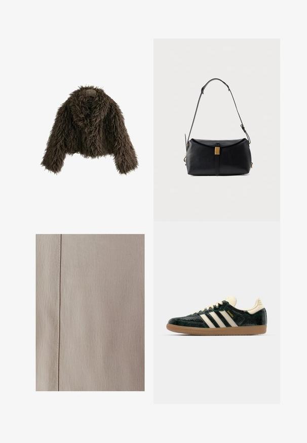 Veste courte en fausse fourrure marron avec un large col et des manches longues, présentant une texture shaggy et un design désordonné.; Chandail à col roulé crème à manches longues, fabriqué en tissu doux, avec un col ajusté et un design simple comportant des manches longues et un ourlet droit.; Tissu texturé beige présentant un motif de tissage en diagonale avec une couture verticale le long du bord. Le matériau semble doux et subtil.; adidas Originals SAMBA OG - Baskets basses - cream white/collegiate green; Sac à main en cuir noir avec une forme structurée, présentant un fermoir à accents dorés et une bandoulière amovible. Texture lisse et design minimaliste.