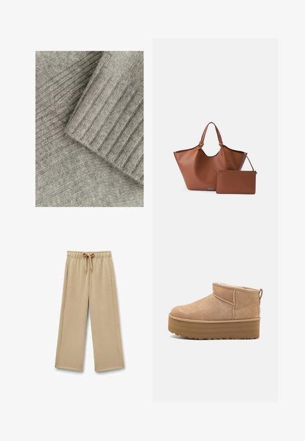 Beige fiskbensmönstrad kappa med en notch-krage, dubbelknäppt fram, bälte vid midjan och två framfickor. Tillverkad av ett texturerat tyg.; Mjuk grå stickad tyg med ribbad textur, som har lager med en slät sektion och en med ett diagonalt mönster.; Beiga vida sweatpants med elastisk midja, justerbar dragsko och sidofickor; mjukt tyg med en slät textur.; Beiga mockaskängor till anklarna med en mjuk inredning, med en plattformssula och en dragsko baktill för enkel påtagning. Mönstrad gummisula.; Brun läder tote-väska med en bred öppning, avsmalnande form och två handtag, tillsammans med en matchande dragkedjeficka.