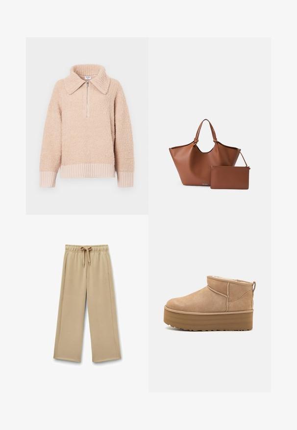 Béžový kabát s rybí kostrou, s prošitým límcem, dvouřadým zapínáním, páskem v pase a dvěma předními kapsami. Vyroben z texturované látky.; Bežový fleecový pulovr s límečkem a půlzipem. Hladké manžety a lem. Měkká textura s útulným vzhledem.; béžové široké tepláky s elastickým pasem, nastavitelnou šňůrkou a bočními kapsami; měkká tkanina s hladkým povrchem.; Béžové semišové kotníkové boty s plyšovým interiérem, které mají platformovou podrážku a poutko na zadní straně pro snadné obutí. Texturovaná gumová podrážka.; Hnědá kožená taška přes rameno s širokým otvorem, zúženým tvarem a dvojitými uchy, doplněná o odpovídající zipový sáček.