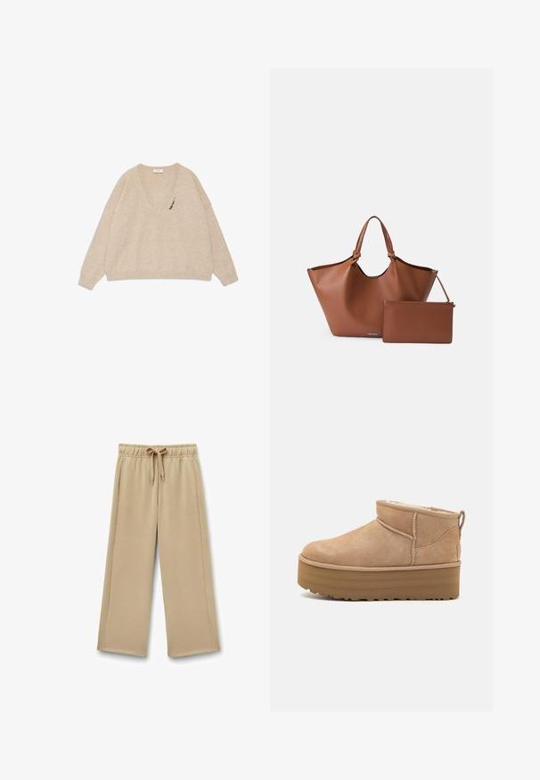 Beige Fischgrätmuster-Mantel mit Reverskragen, doppelter Knopfleiste, Gürtel in der Taille und zwei vorderen Taschen. Aus einem texturierten Stoff gefertigt.; Beige V-Ausschnitt Pullover aus weichem Stoff mit überschnittenen Schultern und einer dekorativen Stecknadel auf der linken Vorderseite. Lange Ärmel und lockere Passform.; Beige weite Sweathosen mit einem elastischen Bund, verstellbarem Kordelzug und Seitentaschen; weicher Stoff mit glatter Textur.; Beige Wildleder-Ankle Boots mit einem weichen Innenfutter, ausgestattet mit einer Plateausohle und einer Zuglasche hinten für einen einfachen Einstieg. Strukturiertes Gummiprofil.; Braune Leder-Tragetasche mit weitem Öffnungsdesign, konischer Form und zwei Griffen, begleitet von einer passenden Reißverschlusstasche.