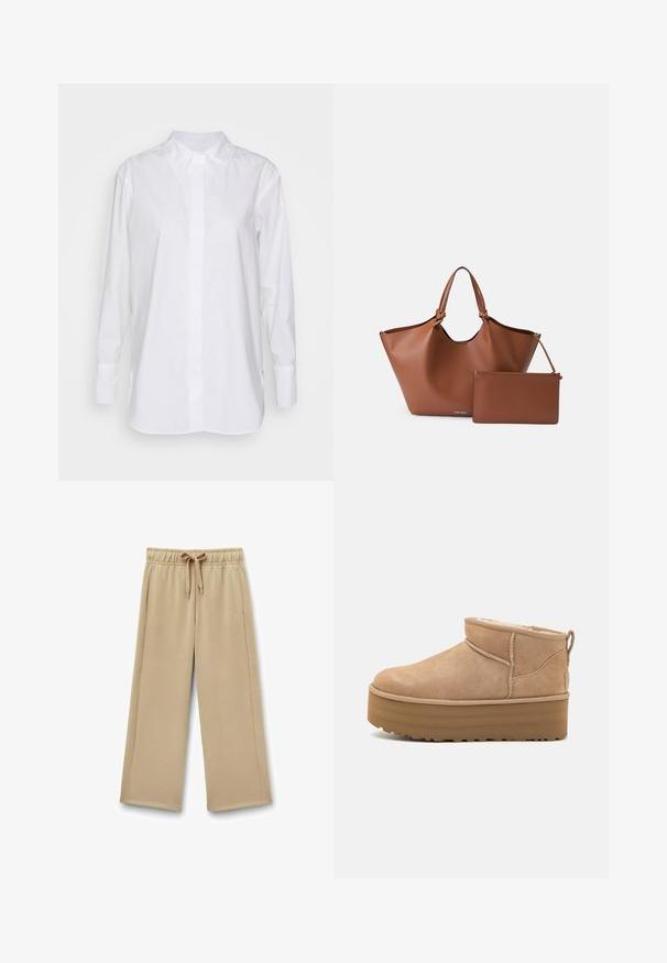 Beige herringbone coat with a notched collar, double-breasted front, belt at the waist, and two front pockets. Made from a textured fabric.; White long-sleeve shirt made of cotton, featuring a classic collar, front button closure, and side slits for added ease and comfort.; Beige wide-leg sweatpants with an elastic waistband, adjustable drawstring, and side pockets; soft fabric with a smooth texture.; Beige suede ankle boots with a plush interior, featuring a platform sole and a pull tab at the back for easy wear. Textured rubber outsole.; Brown leather tote bag with a wide opening, tapered shape, and dual handles, accompanied by a matching zippered pouch.
