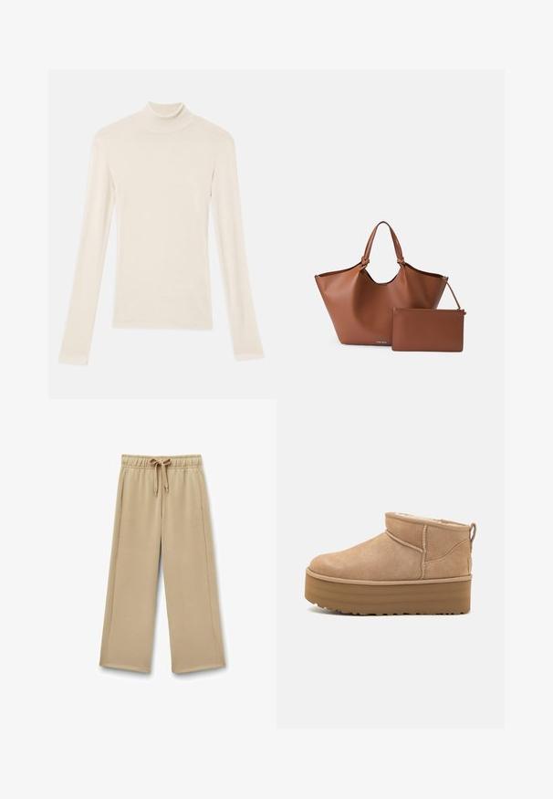 Beige fiskebensmønstret frakke med slagkrave, dobbeltknappet front, bælte i taljen og to frontlommer. Fremstillet af et tekstureret stof.; Cremefarvet turtleneck langærmet top lavet af et blødt, let stof. Har et tætsiddende design med glatte sømme og en smal krave.; Beige brede sweatpants med elastisk talje, justerbar snor og sidelommer; blødt stof med en glat tekstur.; Beige ruskinds ankelstøvler med et blødt indre, der har en platformssål og en strop bagpå for nem påtagning. Tekstureret gummisål.; Brun læder tote taske med en bred åbning, konisk form og dobbelte håndtag, ledsaget af en matchende lynlåspung.