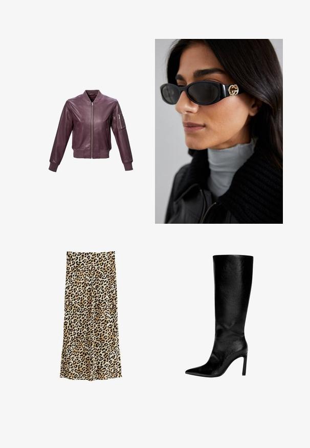 Burgunderfarbene Leder-Bomberjacke mit geripptem Kragen und Bündchen, Reißverschluss vorne und einer Armtasche mit Reißverschluss für zusätzlichen Detail.; Weißes Langarmoberteil mit einem runden Ausschnitt. Aus weichem, strukturiertem Stoff gefertigt. Bietet eine lockere Passform und nahtlose Bündchen.; Leopardenmuster weite Hosen aus einem weichen Stoff, mit einer Vielzahl von schwarzen Punkten auf einem beigen Hintergrund für ein mutiges Design.; Knöchelhoher schwarzer Lederstiefel mit spitzem Zeh, hohem Stöckelabsatz, glatter Oberfläche und einem einfachen, eleganten Design ohne Verzierungen.; Schwarze Sonnenbrille mit einem schlanken rechteckigen Rahmen und einem goldenen Logo-Akzent an der Seite. Dunkle Gläser und glänzende Oberfläche sind auffällig.