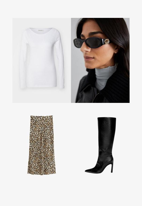 Bourgondische leren bomberjack met een geribde kraag en manchetten, rits aan de voorkant en een armzak met een rits voor extra detail.; Witte longsleeve top met een ronde hals. Gemaakt van zachte, gestructureerde stof. Heeft een relaxte pasvorm en naadloze manchetten.; Luipaardprint wijde broek in een zachte stof, met een verscheidenheid aan zwarte vlekken op een beige achtergrond voor een gedurfd ontwerp.; Zwart leren laars tot de knie met een spitse neus, hoge stilettohak, een gladde afwerking en een eenvoudig, slank ontwerp zonder versieringen.; Zwarte zonnebril met een stijlvolle rechthoekige montuur en een gouden logo-accent aan de zijkant. Donkere lenzen en een glanzende afwerking zijn opvallend.; Witte leren handtas met een gebogen vorm, voorzien van een zilveren driehoekig logo en ritssluiting. Gladde textuur en dubbele handvaten.