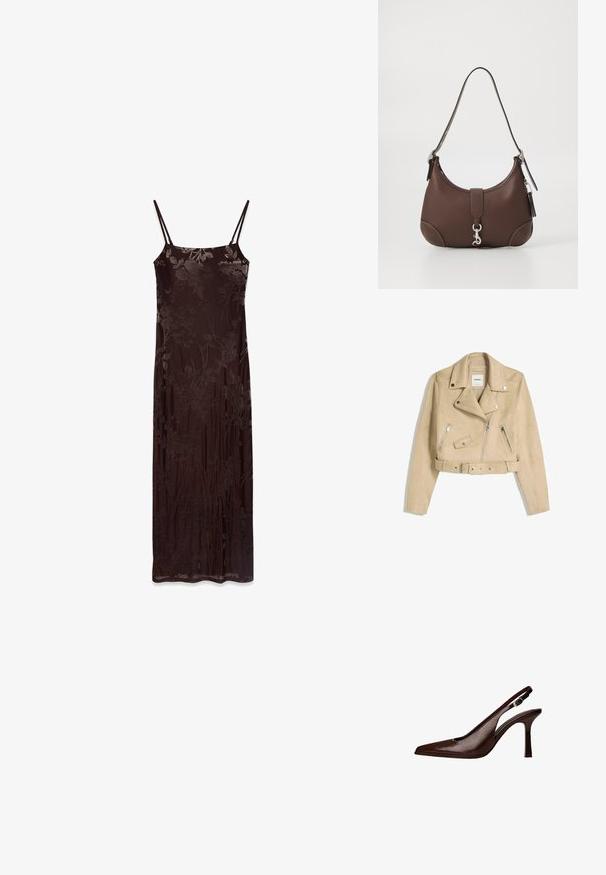 Beżowa kurtka skórzana typu biker o skróconym kroju z asymetrycznym zamkiem błyskawicznym z przodu, zatrzaskami, kieszeniami zamykanymi na zamek oraz paskiem w talii z metalową klamrą.; Długa, bezrękawna sukienka z ciemno-brązowego materiału w kwiatowy wzór. Posiada cienkie ramiączka i dopasowaną sylwetkę, gładką teksturę oraz zwiewny krój.; Brązowe skórzane sandały typu slingback z ostrym noskiem i cienkim obcasem. Posiadają małą klamrę akcentującą na pasku oraz błyszczące wykończenie.; Brązowa skórzana torebka o zaokrąglonym kształcie, ze srebrnymi elementami i dekoracyjnym przeszyciem. Posiada pasek na ramię i zapięcie na zamek.