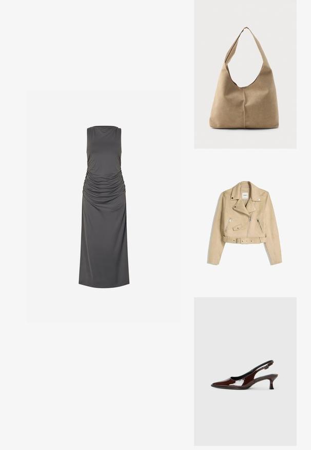 Beige lyhyt moottoripyöräilijätakki epäsymmetrisellä etuvetoketjulla, napppikiinnityksellä, vetoketjullisilla taskuilla ja vyötärövyöllä, jossa on metalliset soljet.; Hihaton tummanharmaa midimekko, jossa on poimutetut sivut ja korkea pääntie, yksinkertaisella valkoisella taustalla.; Ruske patentin nahkalijatke sa špicastim nosom i umjerenom petom. Sadrže remen s kopčom za sigurno pristajanje. Glatka tekstura.; Hobo-laukku pehmeästä beige-suedesta, jossa on löysä muoto, leveä olkahihna ja käsinommeltu sauma edessä.