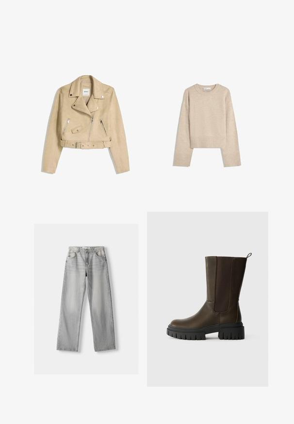 Jachetă de motociclist cropped de culoare bej, cu fermoar frontal asimetric, capse, buzunare cu fermoar și o curea la talie cu cataramă metalică.; Pulover bej scurt, realizat din material tricotat moale. Are un guler rotund, mâneci lungi și manșete și tiv cu textură ribbed pentru un plus de stil.; Jeans din denim gri deschis cu un design drept, având două buzunare frontale, închidere cu buton și o ușoară decolorare pentru un aspect texturat.; Cizmă de gleznă din piele maro cu panouri elastice laterale, talpă robustă din cauciuc negru și o buclă pentru o purtare ușoară. Textură netedă și design modern.