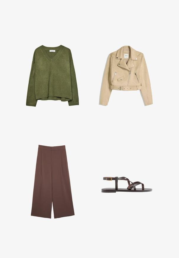 Giacca biker beige corta con zip frontale asimmetrica, bottoni a scatto, tasche con zip e una cintura in vita con fibbia metallica.; Maglione a V verde oliva lavorato a maglia con maniche lunghe e polsini e orlo a coste, vestibilità leggermente cropped.; Pantaloni ampi marroni con una texture liscia, caratterizzati da una vita alta e pieghe frontali. Il tessuto è leggero e scorre liberamente.; Sandal in pelle marrone con cinturini incrociati, chiusura con cinturino alla caviglia e suola piatta con dettagli di cucitura minimi.