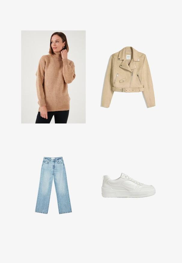 Bež usnjeni kolesarski jopič s asimetričnim sprednjim zadrgo, sponkami, žepi z zadrgo in pasom z metalno zaponko.; Bež pulover s turtleneck izrezom, ohlapnega kroja, pletena tekstura ter rebrasti manšeti in spodnji del. Sprednja stran je nekoliko daljša z spuštenimi rameni, kar ustvarja sproščen videz.; Svjetloplave široke traperice s visokim strukom, s izblijedjelim pranjem i malim, raštrkanim oštećenjima po cijelom dijelu.; Bele usnjene superge z gladko teksturo, podloženim gležnjem in perforiranim prstom. Imajo nekoliko dvignjen gumijast podplat in vezalni dizajn.