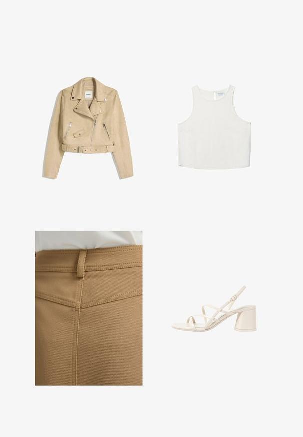 Veste de motard beige courte avec fermeture éclair frontale asymétrique, boutons-pression, poches zippées et ceinture à la taille avec boucle en métal.; Haut sans manches blanc avec un col rond, présentant une texture subtile, un détail en forme de trou de serrure au dos et un ourlet droit.; Tissu brun texturé avec un motif diagonal ; couture visible et une boucle de ceinture à la taille. Vue rapprochée de la partie supérieure du vêtement.; Sandales à talons beiges avec des fines brides entrecroisées, bout ouvert et un talon carré. Fini en vernis lisse, bride de cheville réglable.