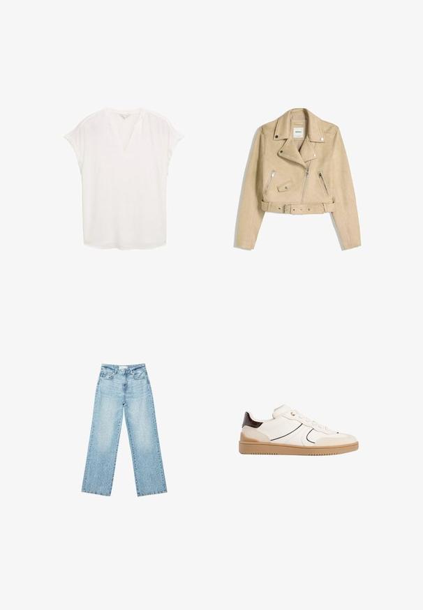 Beige cropped biker jacket with asymmetrical front zipper, snap buttons, zippered pockets, and a waist belt with metal buckle.; White blouse with a V-neck and short, rolled sleeves. Made of lightweight fabric, featuring a loose fit and a straight hem. No patterns or embellishments.; Light blue denim wide-leg jeans with a high waist, featuring a faded wash and small, scattered distressed details throughout.; Stradivarius Trainers - white