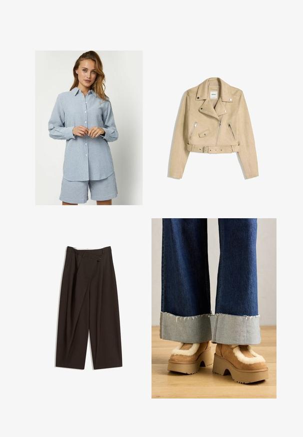 Bež jacket za motocikliste skraćenog kroja s asimetričnim prednjim patentnim zatvaračem, gumbima na preklop, džepovima s patentnim zatvaračem i remenom u struku s metalnom kopčom.; Prugasta košulja s dugim rukavima u plavoj i bijeloj boji, opuštenog kroja, uparen s odgovarajućim šortsevima. Pamuk s glatkom teksturom.; Tamno smeđe široke hlače s visokim strukom, s jednim dugmadi na zakopčavanju i pregibom sprijeda. Izrađene od laganog materijala.; Smeđe antilop čizme na platformu s kremastim krznom, u paru s širokim trapericama s rastrganim rubovima i svjetlijim traper rukavima.