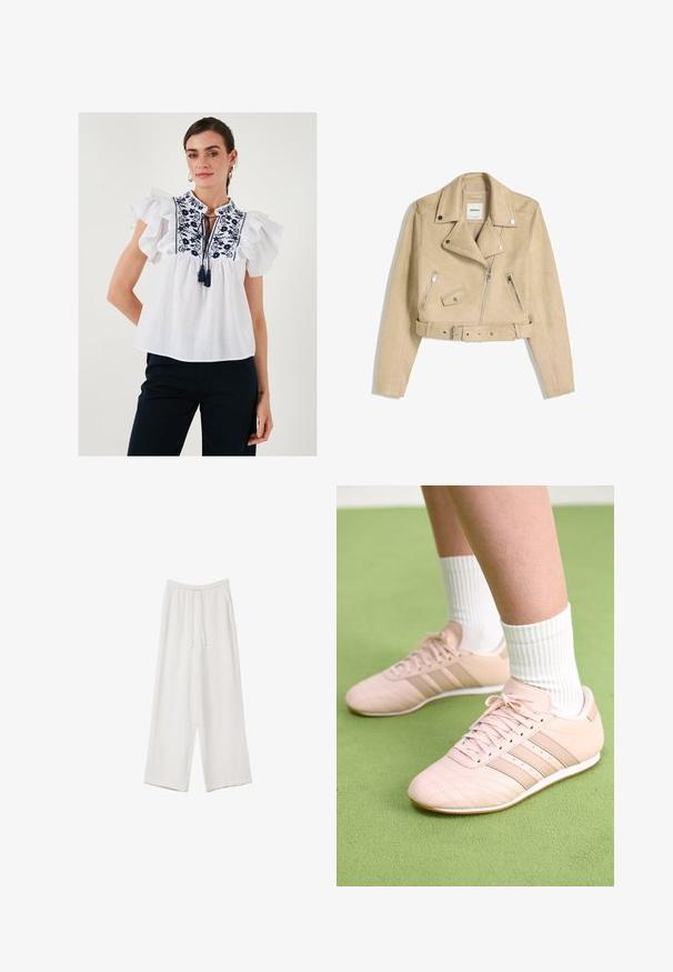 Bež usnjeni kolesarski jopič s asimetričnim sprednjim zadrgo, sponkami, žepi z zadrgo in pasom z metalno zaponko.; Bela bluzica z vodoravnimi kratkimi rokavi, vezeno cvetlično obliko v mornarsko modri barvi, podrobnost v obliki ključavnice s trakom na dekolteju, lahka tkanina.; Bele široke hlače iz lahkega materiala. Imajo elastičen pas s vrvico in stranske žepe. Gladka tekstura.; Svetlo roza športni čevlji z diagonalnim šivom, belimi podplati in tremi stranskimi črtami. Oblečeni z rebrastimi belimi nogavicami na zeleni površini.