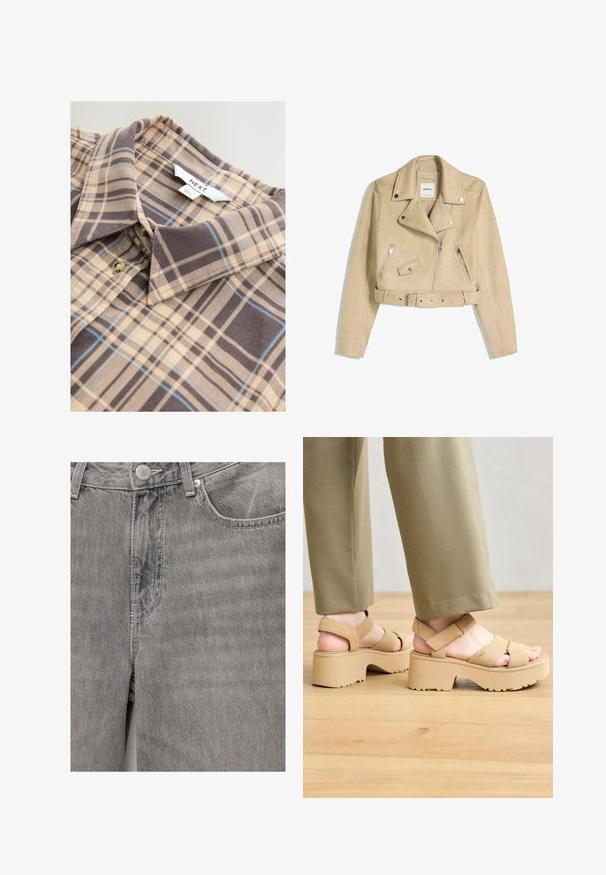 Giacca biker beige corta con zip frontale asimmetrica, bottoni a scatto, tasche con zip e una cintura in vita con fibbia metallica.; Camicia beige a quadri con motivi marroni e blu, colletto e chiusura a bottoni. Realizzata in un tessuto morbido con una texture liscia.; Jeans in denim grigio con una texture liscia, dotati di chiusura con bottone frontale e zip, tasche laterali e dettagli di cucitura discreti.; Sandali platform in suede beige con cinturini larghi e suola spessa. Presentano un cinturino posteriore regolabile e una suola testurizzata per una migliore aderenza.