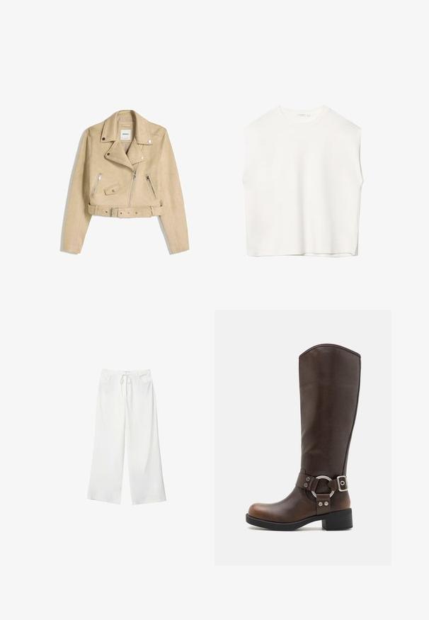 Bež usnjeni kolesarski jopič s asimetričnim sprednjim zadrgo, sponkami, žepi z zadrgo in pasom z metalno zaponko.; Bela brezrokavna majica z ohlapnim krojem, okroglim izrezom, gladko teksturo in ravnim robom. Preprost dizajn brez vzorcev ali dodatkov.; Bela široka hlače iz mehkega materiala, z vrvico v pasu in dvema sprednjima žepoma. Gladek texture in brez vidnih vzorcev.; Rjavi usnjeni škornji do kolen z okroglo kovinsko opremo in zaponko. Rahlo teksturiran zgornji del, stebričast pet in okrogla oblika konice.