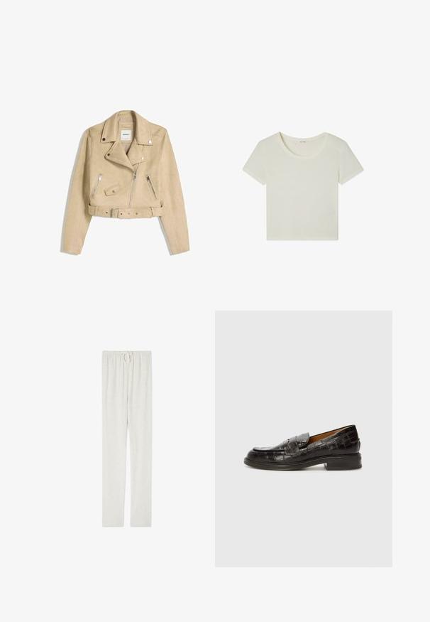 Bež usnjeni kolesarski jopič s asimetričnim sprednjim zadrgo, sponkami, žepi z zadrgo in pasom z metalno zaponko.; Kratka majica iz mešanice bombaža v off-white barvi, z okroglim izrezom in kratkimi rokavi, ki ima mehak in gladek teksturo.; American Vintage JOGGING - Spodnji deli trenirk - gris chine; Billi Bi Čevlji brez vezalk - espresso