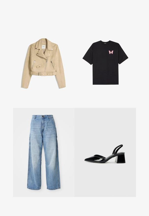 Beige cropped biker jacket with asymmetrical front zipper, snap buttons, zippered pockets, and a waist belt with metal buckle.; Black cotton t-shirt with short sleeves, featuring a small pink butterfly graphic on the left chest. Crew neck design with a relaxed fit.; Light blue wide-leg jeans with a high waist, featuring side pockets and a faded texture, crafted from denim material.; Black patent leather slingback heels with a pointed toe and a geometric block heel. Features a sleek, minimal design and smooth texture.