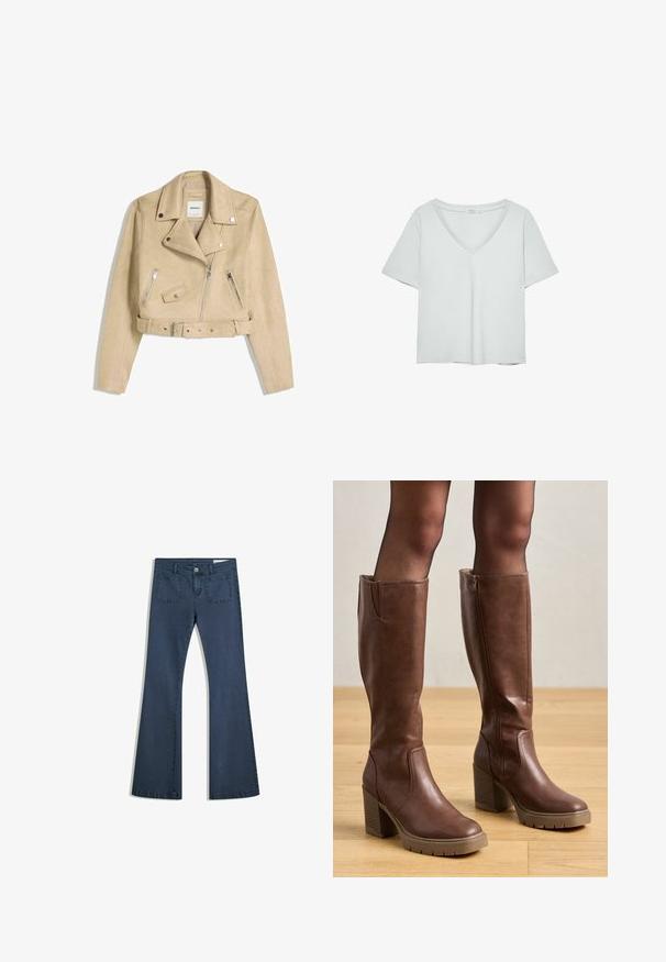 Beżowa kurtka skórzana typu biker o skróconym kroju z asymetrycznym zamkiem błyskawicznym z przodu, zatrzaskami, kieszeniami zamykanymi na zamek oraz paskiem w talii z metalową klamrą.; Jasnoszary T-shirt z krótkim rękawem i dekoltem w serek, wykonany z miękkiego materiału; charakteryzuje się luźnym krojem i starannym wykończeniem bez wzorów.; Ciemnoniebieskie dżinsy typu dzwony z przeszytymi kieszeniami, zapięciem na guzik i gładką fakturą. Posiadają klasyczny pięciokieszeniowy fason.; Anna Field - Kozaki na platformie