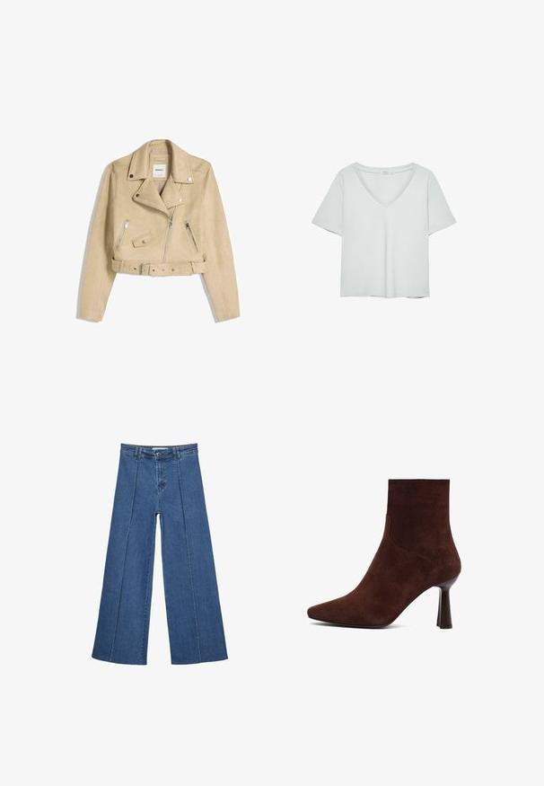 Veste de motard beige courte avec fermeture éclair frontale asymétrique, boutons-pression, poches zippées et ceinture à la taille avec boucle en métal.; T-shirt gris clair à manches courtes avec un décolleté en V, fabriqué en matériau doux ; présente une coupe décontractée et des coutures nettes sans motifs.; Jeans en denim à jambes larges de couleur bleu moyen, présentant une taille haute, une fermeture à bouton et des détails de couture verticaux contrastants à l'avant.; Bottine en daim marron avec un bout pointu, un design ajusté et un talon haut fin, présentant des lignes épurées et une texture lisse.