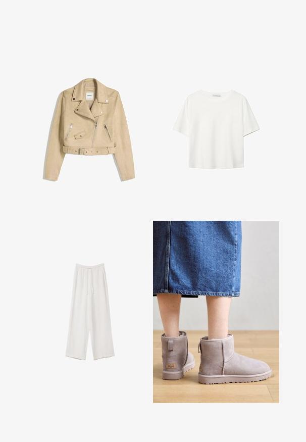 Giacca biker beige corta con zip frontale asimmetrica, bottoni a scatto, tasche con zip e una cintura in vita con fibbia metallica.; T-shirt bianco a maniche corte realizzato in cotone. Presenta un collo tondo e una vestibilità rilassata. Texture liscia senza motivi o dettagli visibili.; Pantaloni a gamba larga bianchi realizzati in un tessuto leggero. Presentano una vita elastica con cordoncino e tasche laterali. Texture liscia.; Stivali alla caviglia in suede grigio con fodera morbida, suola piatta e tacco piccolo. Presenta un passante posteriore e un'etichetta con il marchio sul lato.