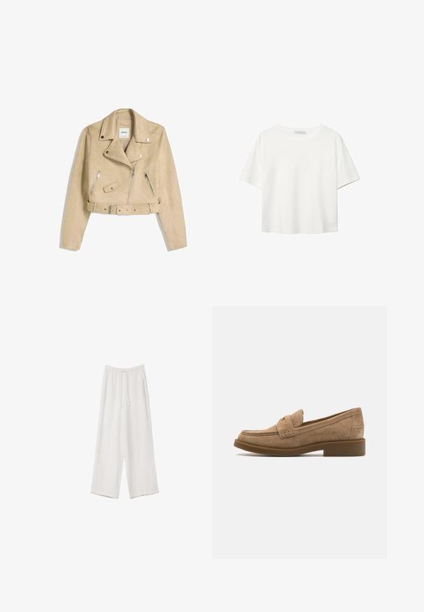Beige verkürzte Bikerjacke mit asymmetrischem Frontreißverschluss, Druckknöpfen, Reißverschluss-Taschen und einem Taillengürtel mit Metallschnalle.; Weißes T-Shirt mit kurzen Ärmeln aus Baumwolle. Hat einen Rundhalsausschnitt und eine lockere Passform. Glatte Textur ohne sichtbare Muster oder Akzente.; Weiße weit geschnittene Hose aus leichtem Stoff. Mit einem elastischen Bund und Kordelzug sowie Seitentaschen. Glatte Textur.; Beige Wildlederslipper mit rundem Zehenbereich, dekorativen Nähten und einem niedrigen, stabilen Gummizähler für zusätzlichen Halt und Komfort.
