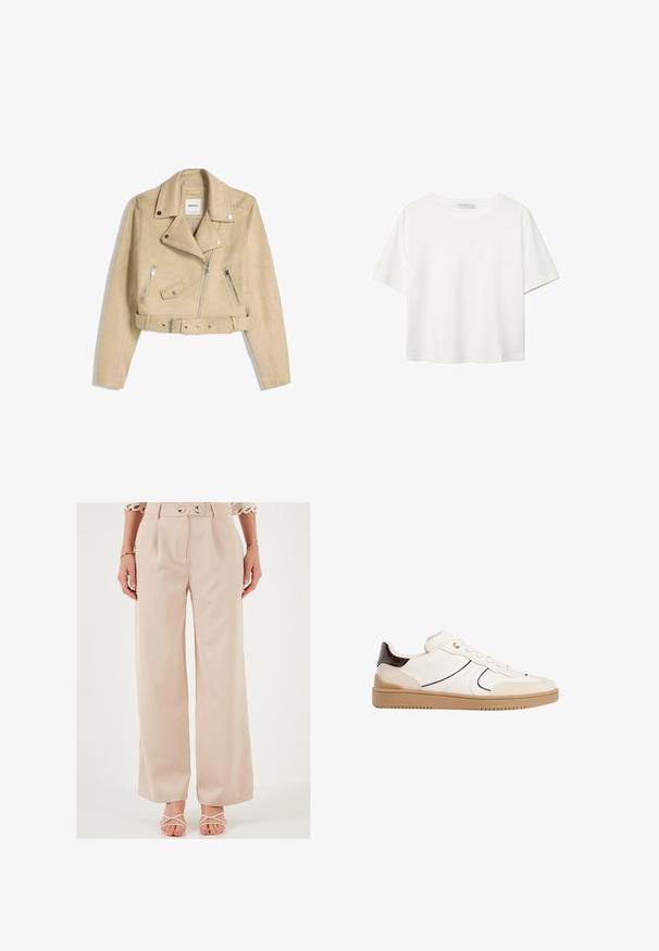 Beige cropped motorjack met asymmetrische rits aan de voorkant, drukknoopsluiting, ritszakken en een tailleband met metalen gespsluiting.; Witte korte mouwen t-shirt van katoen. Heeft een ronde halslijn en een ontspannen pasvorm. Glad textuur zonder zichtbare patronen of accenten.; Beige wijde broek met hoge taille, dubbele knoopsluiting en geplooide voorkant. Gemaakt van een zachte stof en voorzien van een op maat gemaakte uitstraling.; Stradivarius Sneakers laag - white