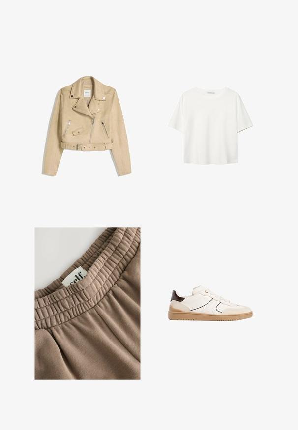 Bež jacket za motocikliste skraćenog kroja s asimetričnim prednjim patentnim zatvaračem, gumbima na preklop, džepovima s patentnim zatvaračem i remenom u struku s metalnom kopčom.; Bijela majica kratkih rukava od pamuka. Ima okrugli izrez i opušteni kroj. Glatka tekstura bez vidljivih uzoraka ili naglasaka.; Smeđi elastični pojas s naboranom teksturom, pridružena oznaka s natpisom "self", a mekani materijal ima glatku površinu i neutralnu nijansu.; Stradivarius Tenisice - white