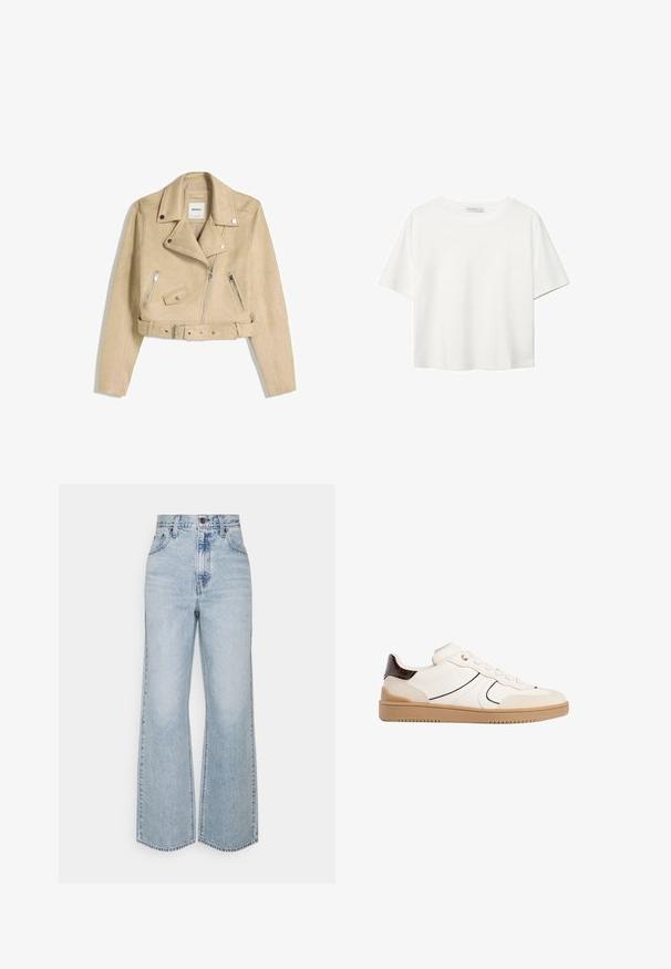 Bež usnjeni kolesarski jopič s asimetričnim sprednjim zadrgo, sponkami, žepi z zadrgo in pasom z metalno zaponko.; Bela kratka majica s kratkimi rokavi iz bombaža. Ima okroglo izrezovanje in sproščen kroj. Gladka tekstura brez vidnih vzorcev ali poudarkov.; Svijetloplave traper široke hlače s visokom strukom, klasičnim dizajnom s pet džepova i kontrastnim šavovima. Neuredan rub na dnu.; Stradivarius Športni copati - white