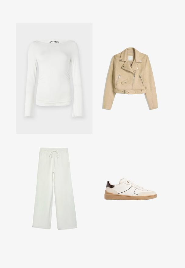 Bež usnjeni kolesarski jopič s asimetričnim sprednjim zadrgo, sponkami, žepi z zadrgo in pasom z metalno zaponko.; Bela dolga majica z dolgimi rokavi, izdelana iz gladkega materiala s prilegajočo silhueto, ki ima širok čolnasti izrez in subtilno nabiranje pri pasu.; Bele široke hlače iz mehkega blaga. Imajo elastičen pas s vrvico in gladko teksturo. Brez vidnih vzorcev ali kovinskih delov.; Stradivarius Športni copati - white