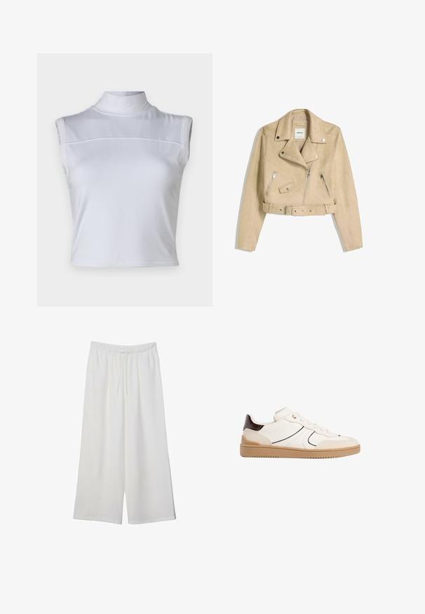 Beige lyhyt moottoripyöräilijätakki epäsymmetrisellä etuvetoketjulla, napppikiinnityksellä, vetoketjullisilla taskuilla ja vyötärövyöllä, jossa on metalliset soljet.; Valkoisen hihattoman paidan korkea kaulus, sileä pinta ja lyhennetty muoto. Rinnassa vaakasuora sauma.; Valkoiset leveälahkeiset housut, jotka on valmistettu kevyestä kankaasta. Niissä on joustava vyötärö ja nauha säädettävää istuvuutta varten. Sileä pinta.; Stradivarius Matalavartiset tennarit - white