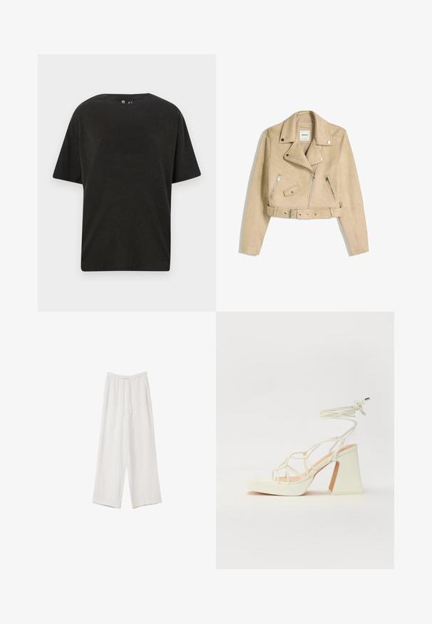Bež jacket za motocikliste skraćenog kroja s asimetričnim prednjim patentnim zatvaračem, gumbima na preklop, džepovima s patentnim zatvaračem i remenom u struku s metalnom kopčom.; Crna pamučna majica s okruglim izrezom, kratkim rukavima i opuštenim krojem. Ima glatku teksturu i minimalistički dizajn.; Bijele hlače širokih nogavica napravljene od lagane tkanine. Imaju elastičan pojas s ušicom i bočne džepove. Glatka tekstura.; Bijela sandala na visokoj potpetici s debelim petom, s remenom i vezanjem oko gležnja. Glatka tekstura s platformom sprijeda za dodatnu visinu.