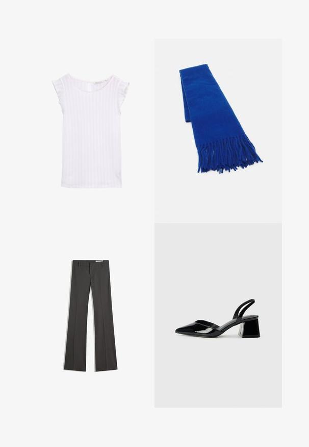 Beige verkürzte Bikerjacke mit asymmetrischem Frontreißverschluss, Druckknöpfen, Reißverschluss-Taschen und einem Taillengürtel mit Metallschnalle.; Weißes Kurzarmoberteil aus leichtem, strukturiertem Stoff. Verfügt über einen Rundhalsausschnitt und eine Schlüsselöffnung auf dem Rücken. Dezente vertikale Streifen.; Graue weit ausgestellte Hosen aus einem glatten Stoff, mit flachem Frontbereich, Gürtelschlaufen und einem maßgeschneiderten Design mit klaren Linien.; Schwarze Lackleder-Slingback-High Heels mit spitzem Schuh und einem geometrischen Blockabsatz. Verfügt über ein schlankes, minimalistisches Design und eine glatte Textur.; Blauer gewebter Schal mit fransigen Enden, glatter Textur, rechteckiger Form und einheitlicher Farbe. Geeignet für kaltes Wetter.