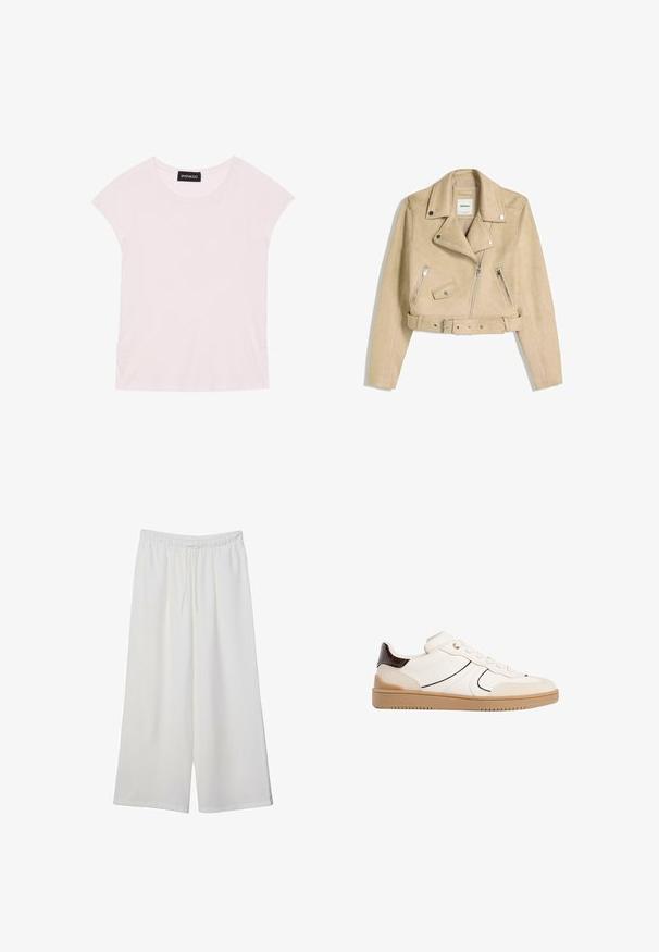 Beige lyhyt moottoripyöräilijätakki epäsymmetrisellä etuvetoketjulla, napppikiinnityksellä, vetoketjullisilla taskuilla ja vyötärövyöllä, jossa on metalliset soljet.; Vaaleanpunainen T-paita, jossa on lyhyet hihat, pyöreä kaula-aukko ja poimutetut sivuyksityiskohdat. Valmistettu pehmeästä, kevyestä kankaasta.; Valkoiset leveälahkeiset housut, jotka on valmistettu kevyestä kankaasta. Niissä on joustava vyötärö ja nauha säädettävää istuvuutta varten. Sileä pinta.; Stradivarius Matalavartiset tennarit - white