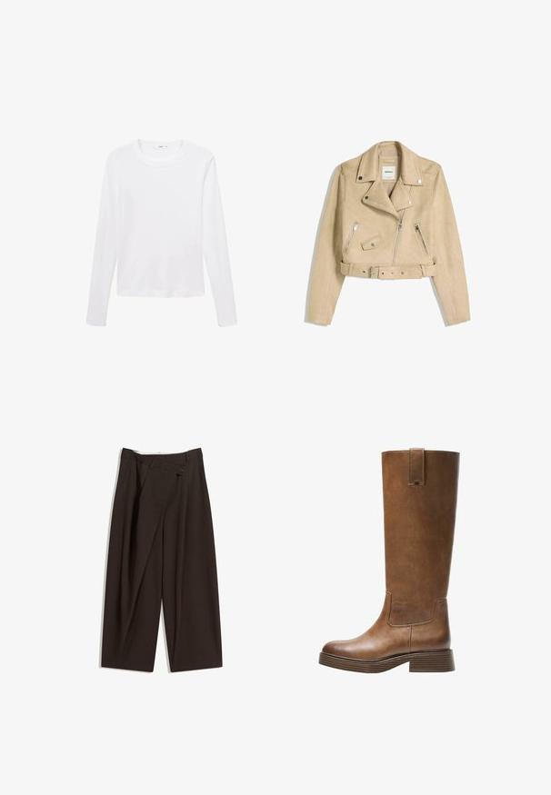 Jachetă de motociclist cropped de culoare bej, cu fermoar frontal asimetric, capse, buzunare cu fermoar și o curea la talie cu cataramă metalică.; Tricou alb cu mânecă lungă dintr-un material ușor, cu guler rotund și croială dreaptă, fără modele sau accente vizibile.; Pantaloni largi de culoare maron închis, cu talie înaltă, având închiere cu un singur nasture și un față pliată. Confectionați dintr-un material ușor.; Botă din piele maro, până la genunchi, cu vârf rotunjit, suprafață texturată și toc mic, îngroșat. Dispune de un panou lateral și un capac de prindere în partea de sus.