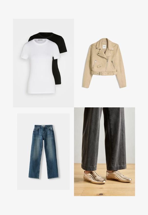 Beige cropped biker jacket with asymmetrical front zipper, snap buttons, zippered pockets, and a waist belt with metal buckle.; Two short-sleeve T-shirts in black and white. Made of smooth cotton, featuring a classic round neckline and regular fit.; Blue denim jeans featuring a straight leg design, button closure, five pockets, and faded areas. Material appears sturdy with a textured finish.; Metallic gold athletic shoes with a smooth texture, streamlined design, and decorative stitching, paired with wide-legged gray denim trousers.