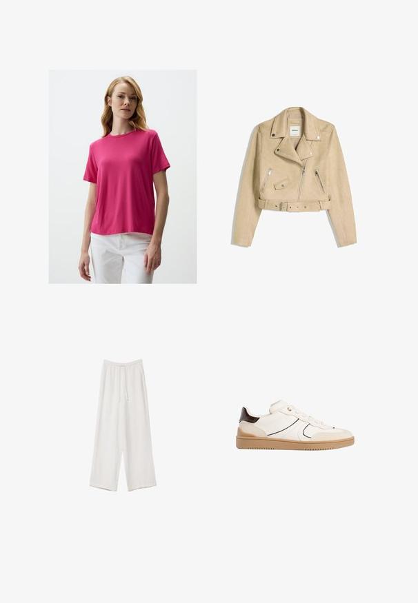 Beige cropped biker jacket with asymmetrical front zipper, snap buttons, zippered pockets, and a waist belt with metal buckle.; Short-sleeve, crew neck t-shirt in bright pink fabric with a soft texture, paired with white pants. Simple design with no visible patterns or accents.; White wide-leg trousers made from a lightweight fabric. Features an elastic waistband with a drawstring and side pockets. Smooth texture.; Stradivarius Trainers - white